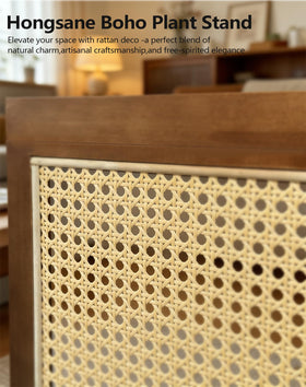 Hongsane plant stand combines rattan texture with wood warmth for chic decor.
