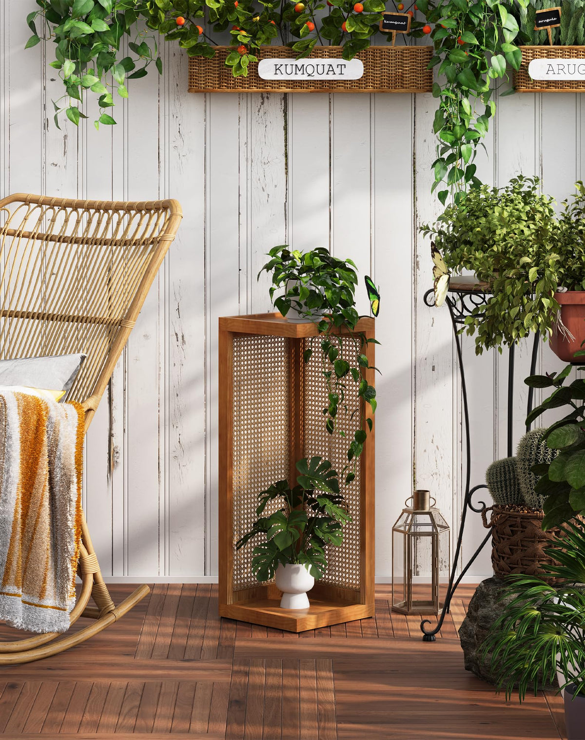 Hongsane plant stand's walnut finish complements mid-century interiors.