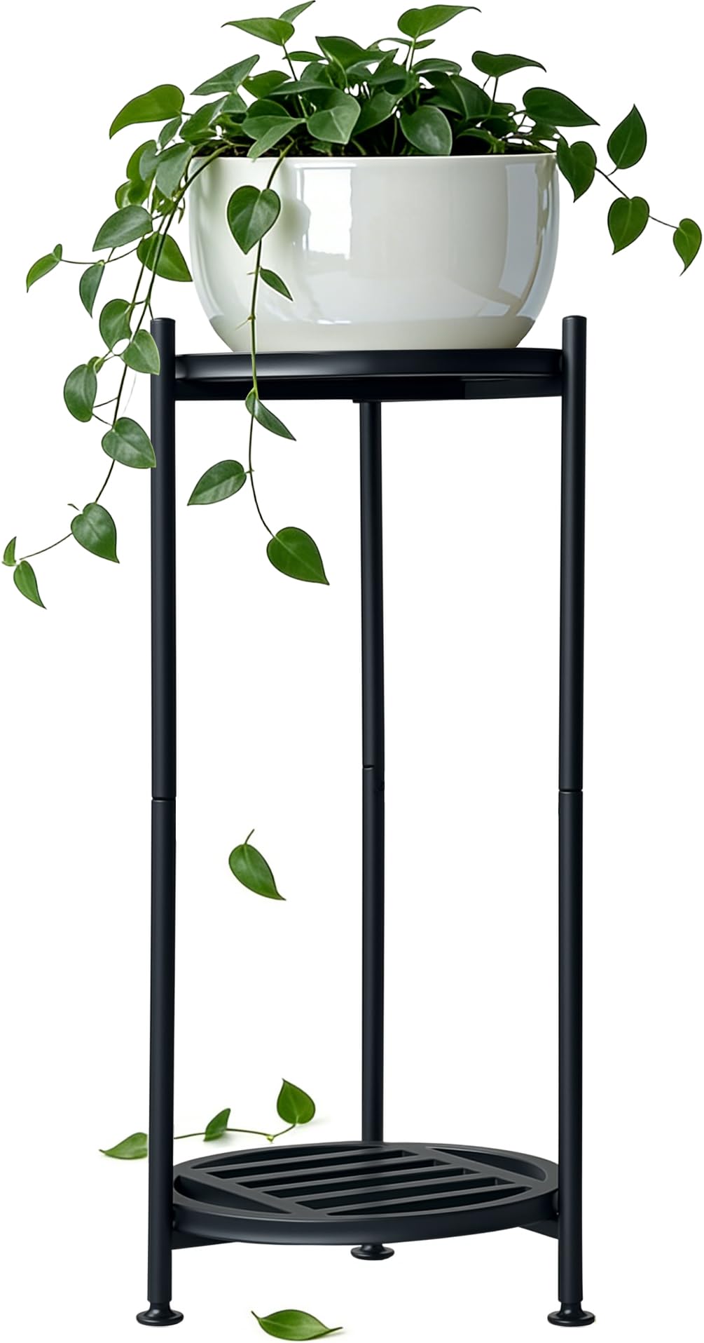 Hongsane round two-tier plant stand displaying a large indoor plant.