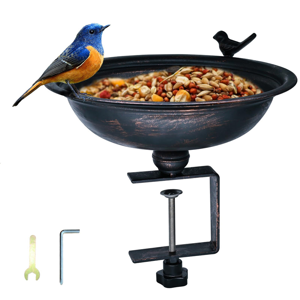 Hongshifu 12-inch metal bird bath on a deck inviting birds to bathe and drink safely