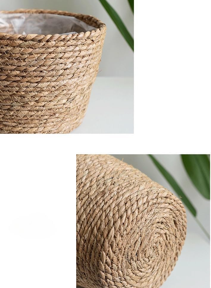 HONGXIMY seagrass planter basket with plastic lining helps contain moisture.