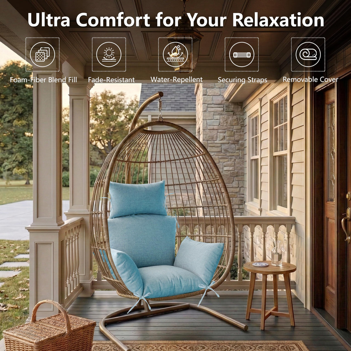 Honorbox Egg Chair Cushion Eight Straps keeps cushion securely positioned on hanging chairs.