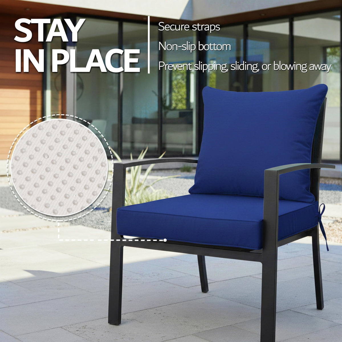 Honorbox non-slip-bottom cushion in navy stays in place on outdoor furniture.