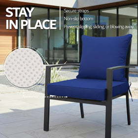 Honorbox non-slip-bottom cushion in navy stays in place on outdoor furniture.