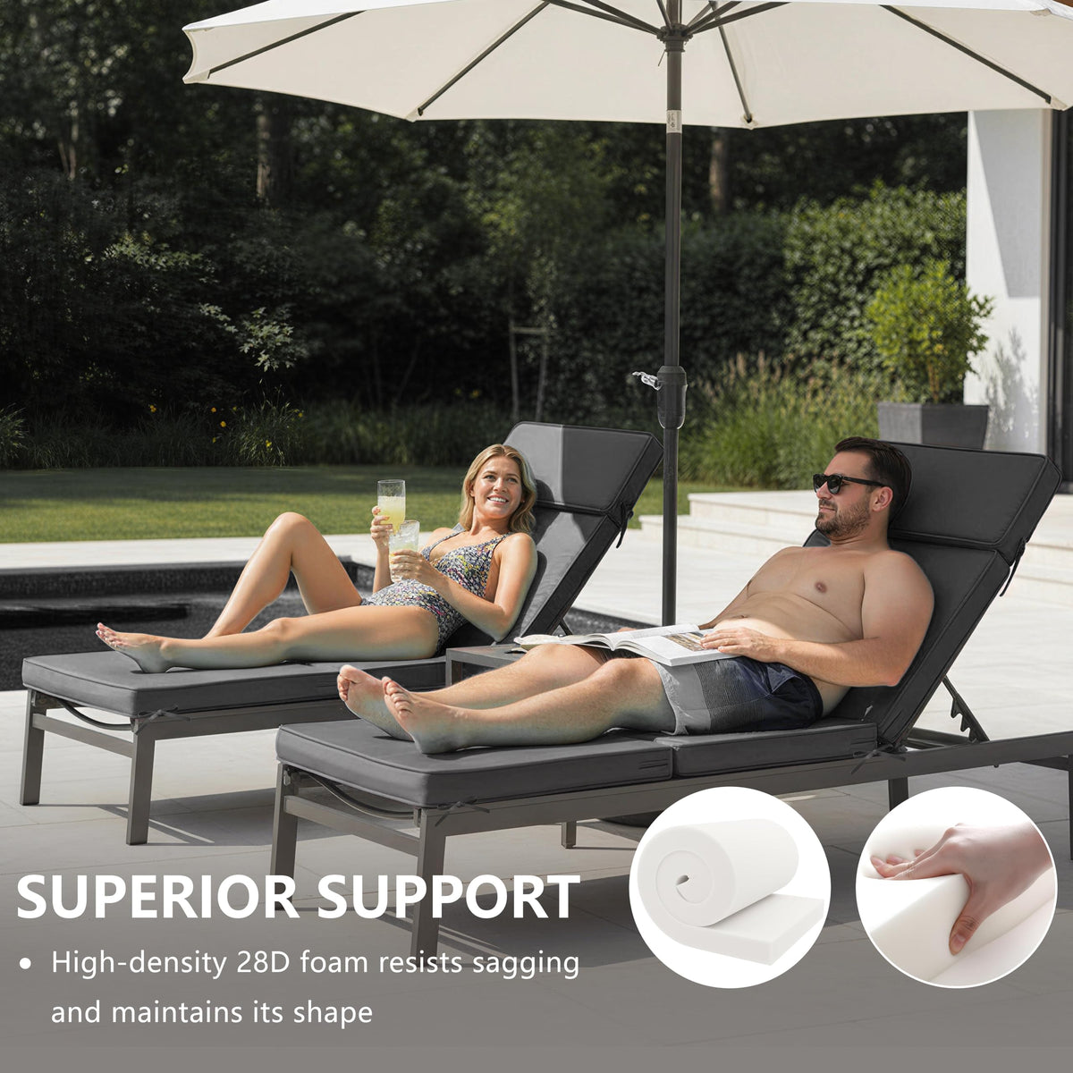 Six tie straps secure the cushion on a chaise lounge