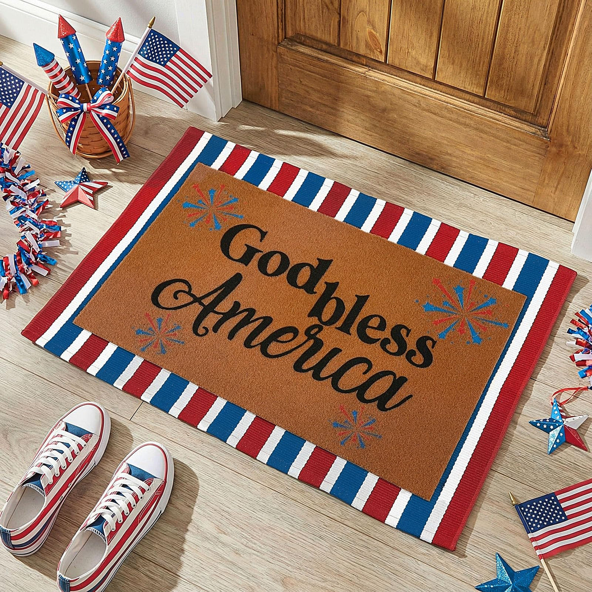 Honoson patriotic doormat with God Bless America welcomes guests at entry