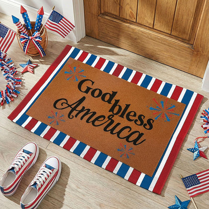 Honoson patriotic doormat with God Bless America welcomes guests at entry