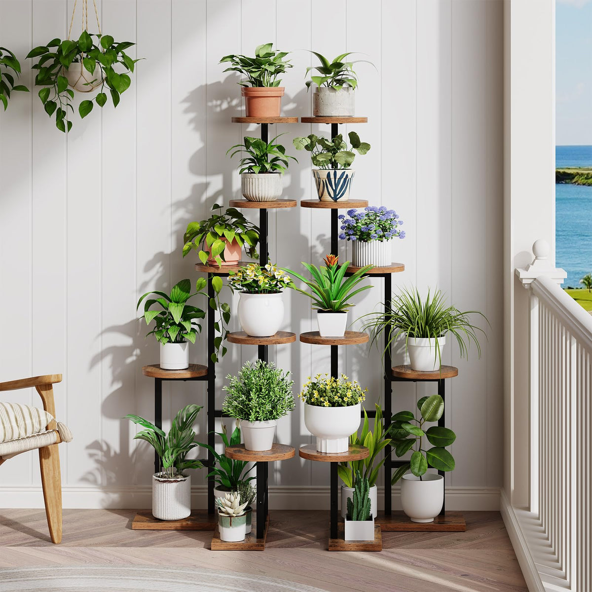 HOOBRO 7-tier corner plant stand easy-assembly kit with labeled parts