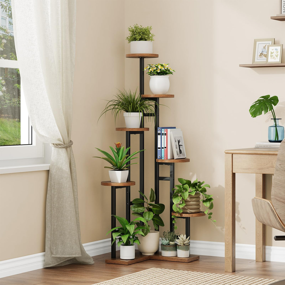 HOOBRO 7-tier corner plant stand with plants showcasing vibrant indoor greenery