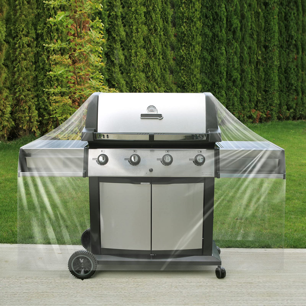 Hoolerry 60-inch clear grill cover protecting from rain and dust