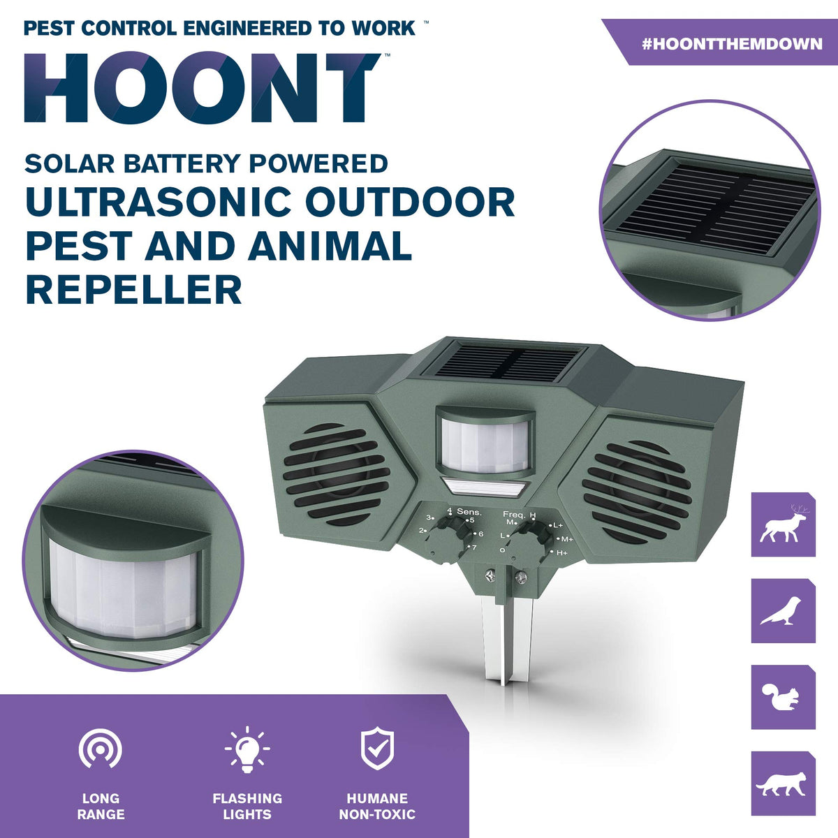 Hoont flashing LED strobe light adds a visual deterrent when active.