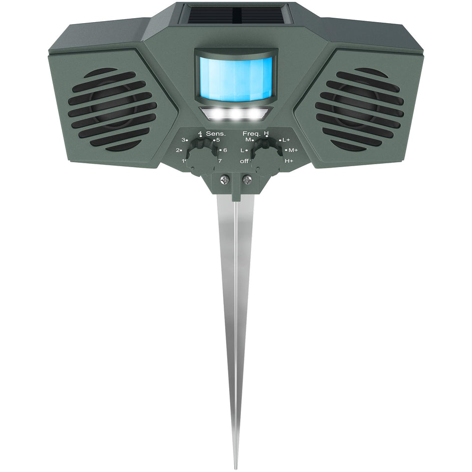 Hoont solar-powered ultrasonic outdoor repeller deters pests with motion-activated sound.