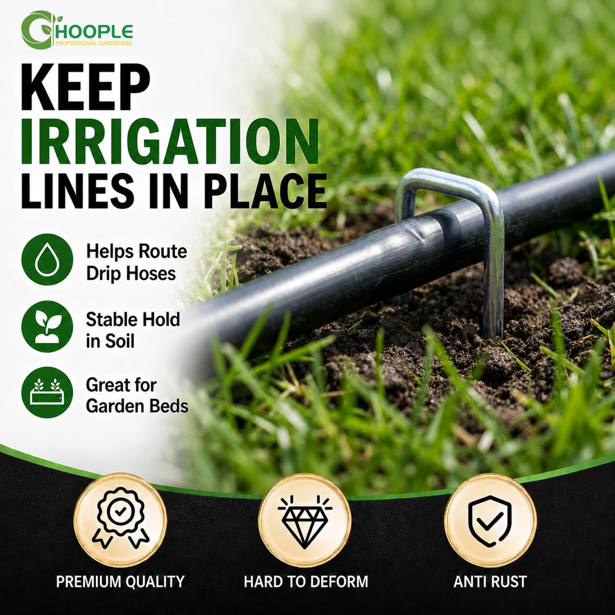 HOOPLE 11-gauge galvanized stakes resist rust for durable outdoor use.