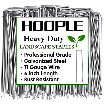 HOOPLE landscape staples close-up showing rust-resistant galvanized steel for weed barrier