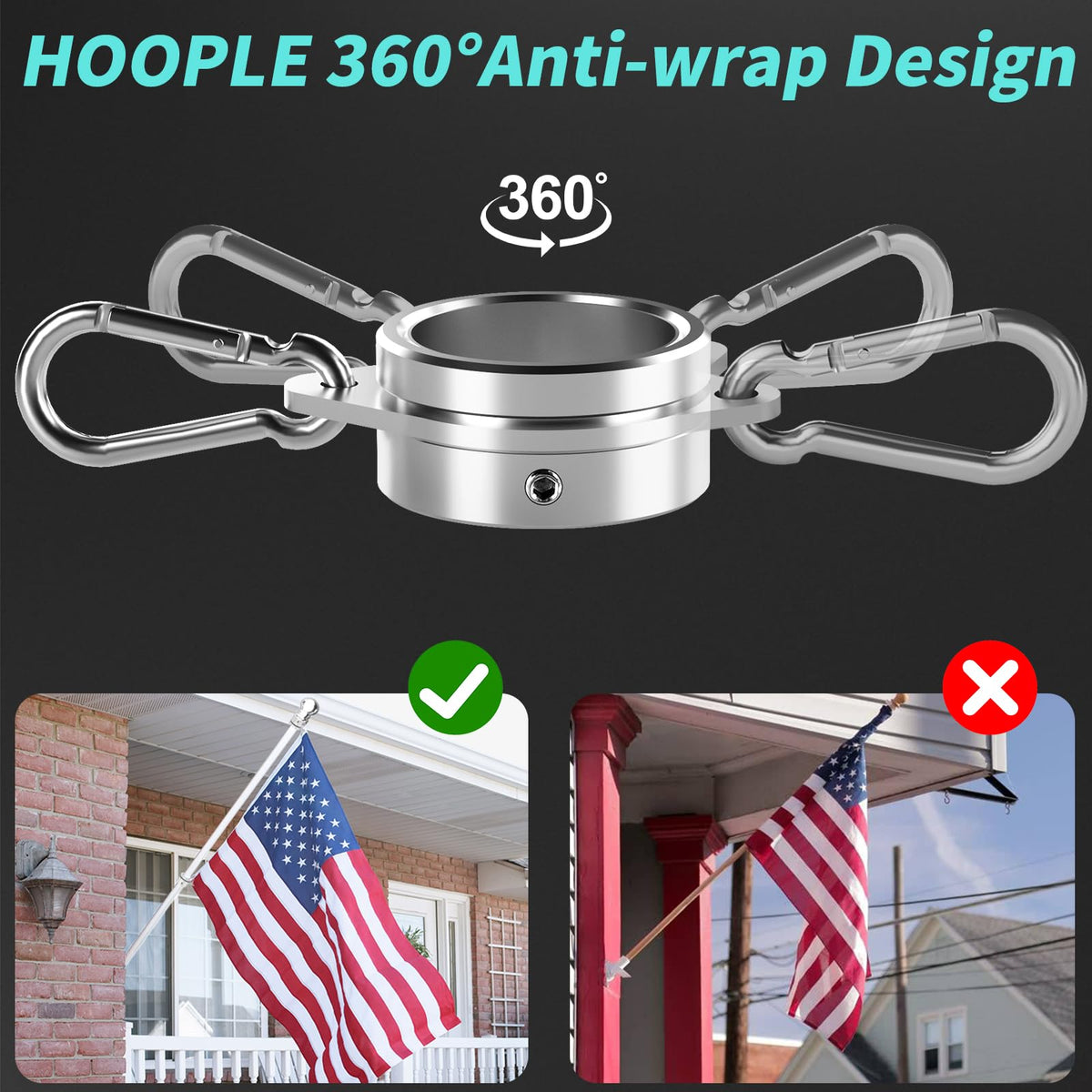 HOOPLE 360-degree rotating flag ring demonstrates anti-wrap protection against tangling.