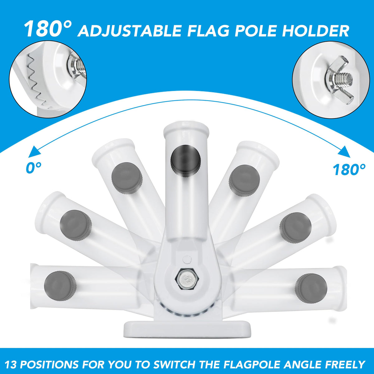 HOOPLE adjustable angles flag holder shows 180 degree positioning for precise display