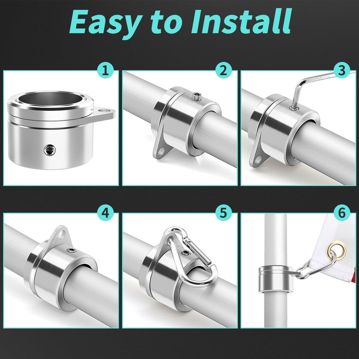HOOPLE flag pole rings with carabiners ready for flag attachment.