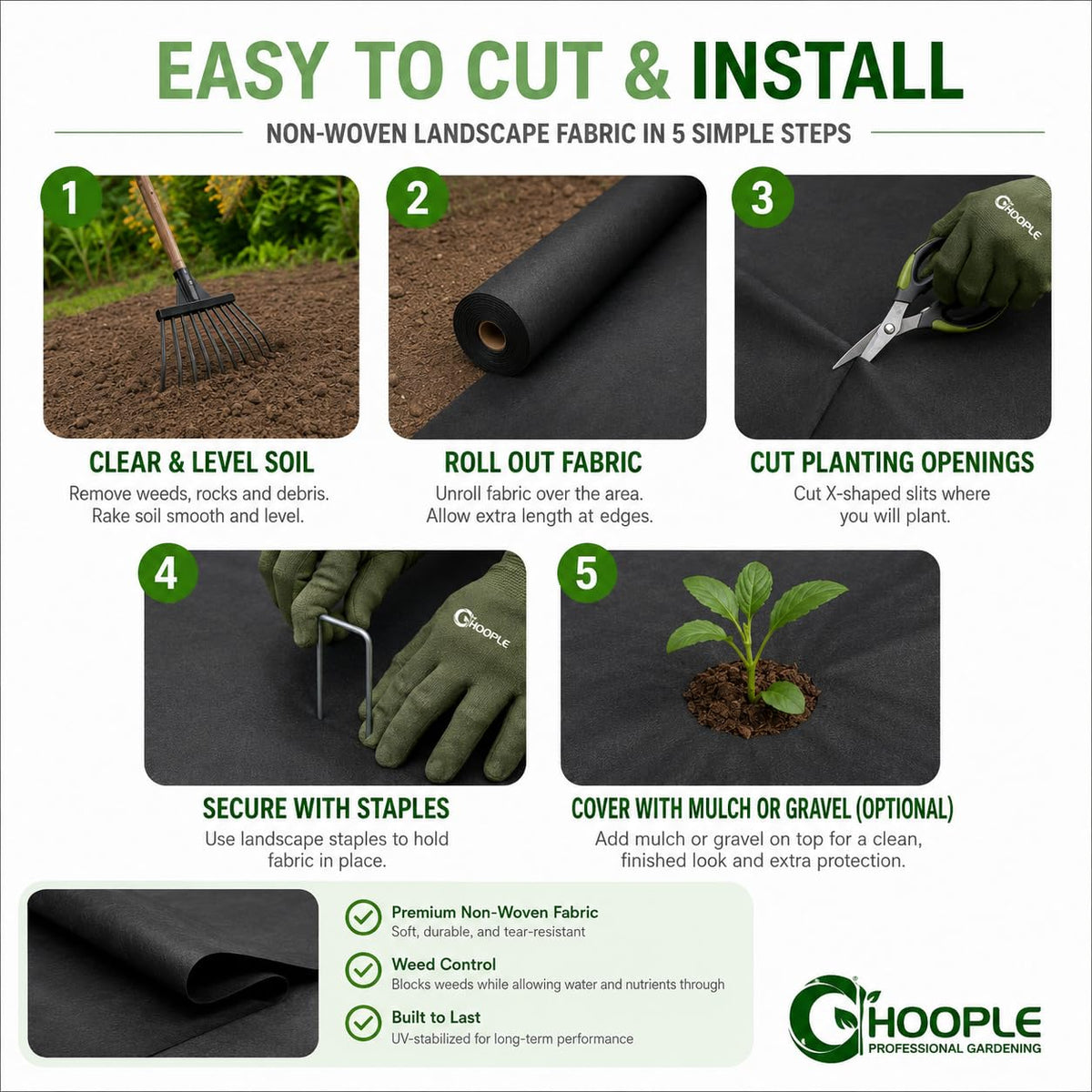 HOOPLE long-lasting garden fabric reduces maintenance and weed growth.