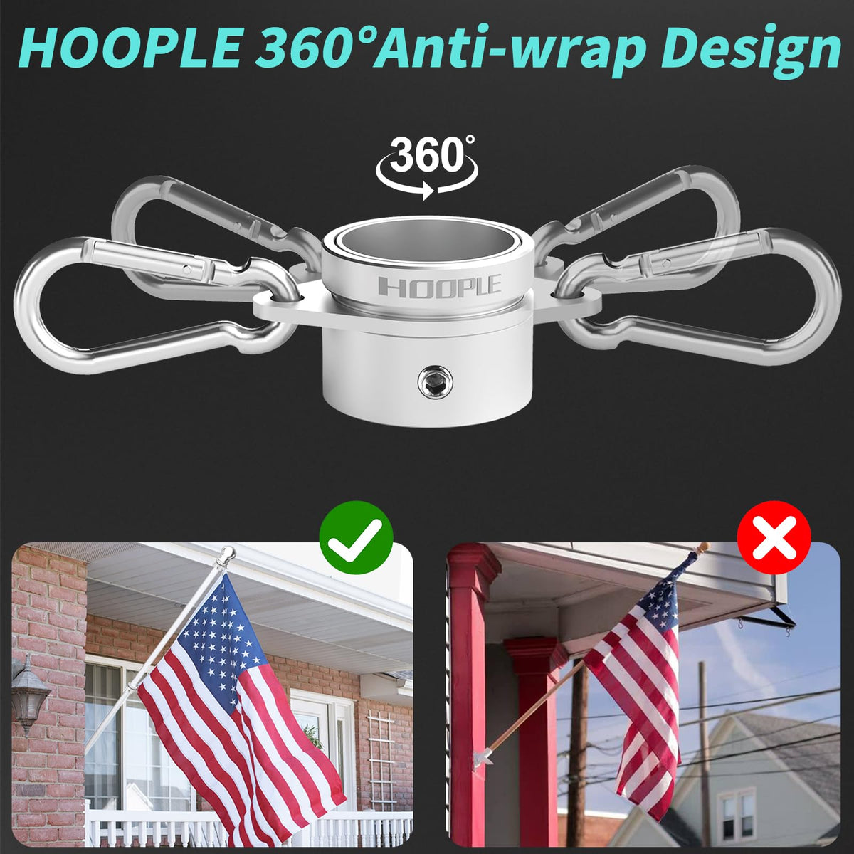 HOOPLE swivel rings with carabiners for quick flag changes and secure attachment