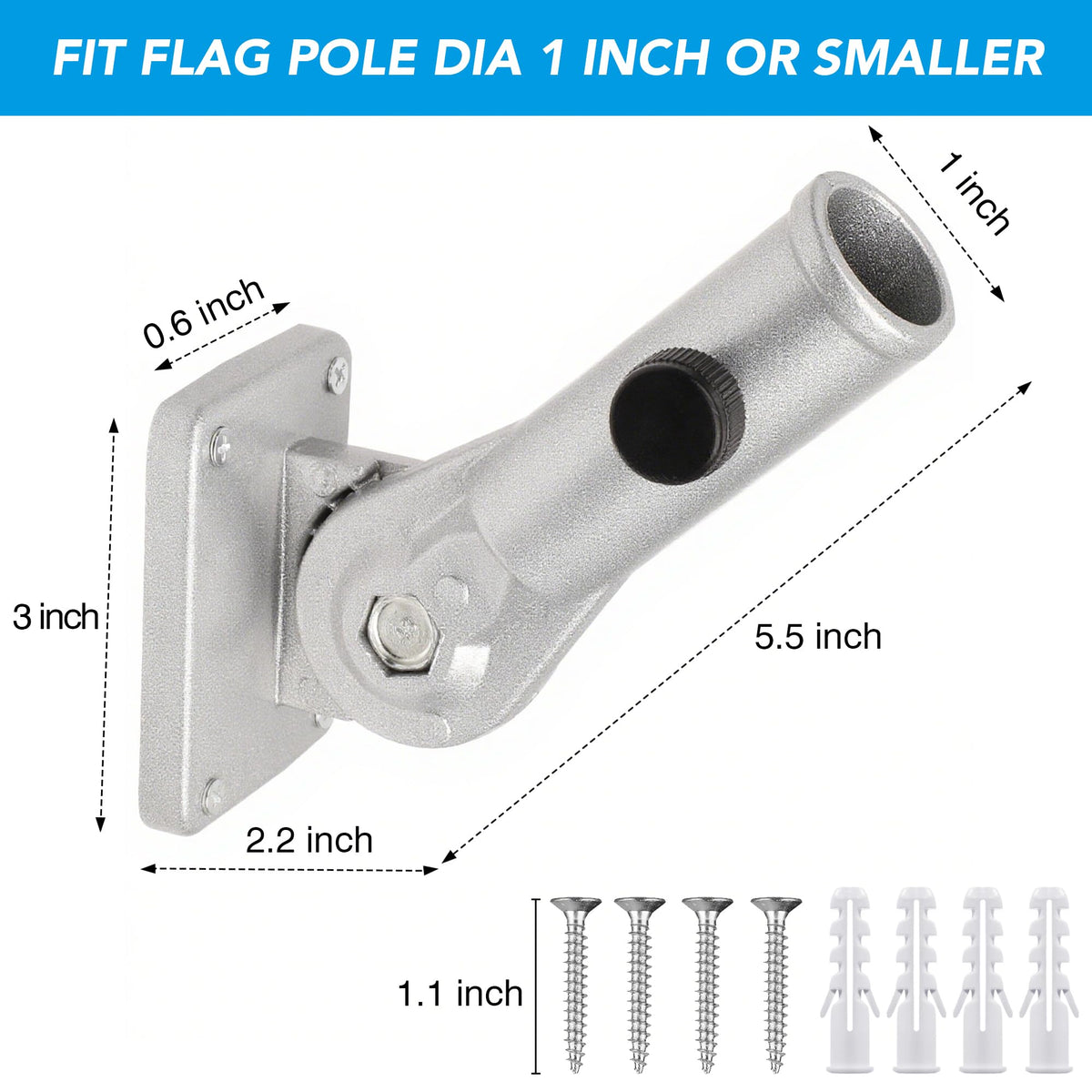 HOOPLE wall-angle flag pole holder shows 180-degree adjustment.