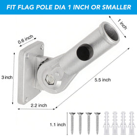 HOOPLE wall-angle flag pole holder shows 180-degree adjustment.
