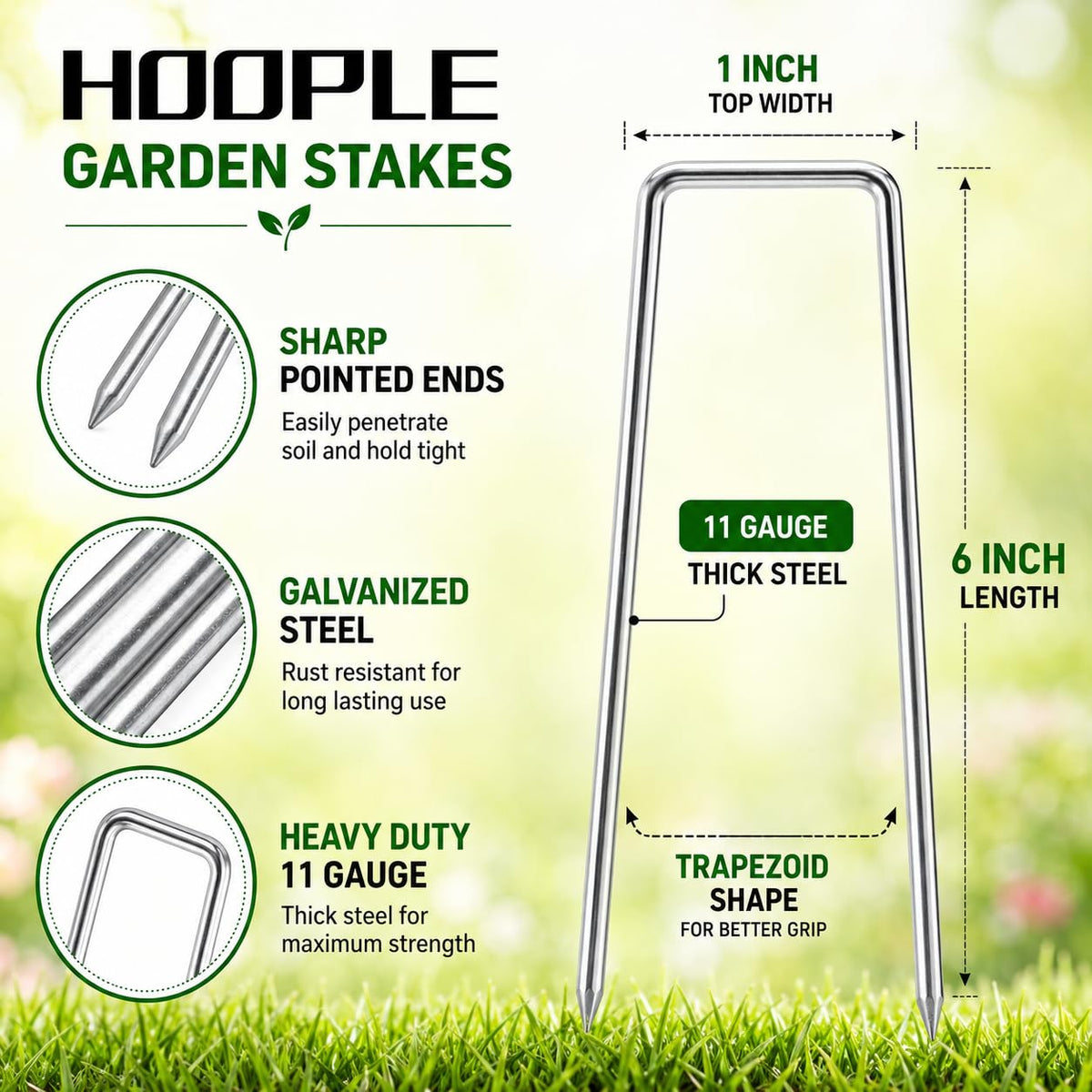 HOOPLE galvanized stakes securing weed barrier fabric for neat lawn setup.