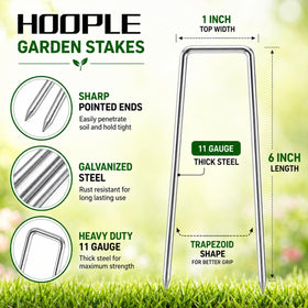 HOOPLE galvanized stakes securing weed barrier fabric for neat lawn setup.