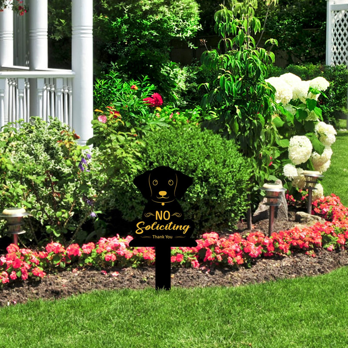 Hooqict puppy-design yard sign with black background and gold lettering.