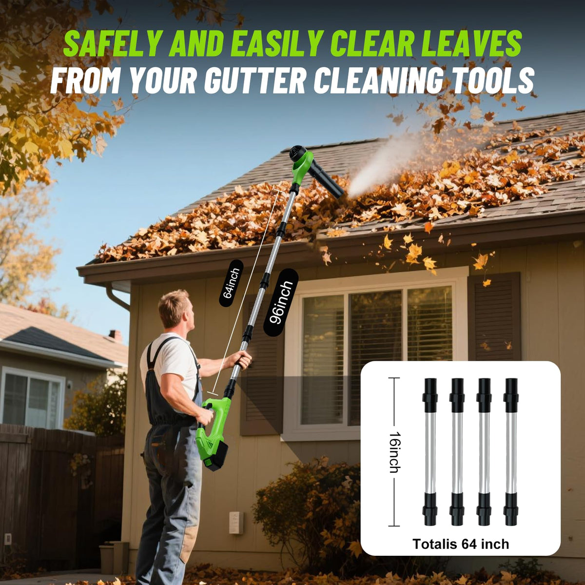 HooSeen adjustable pole reaches 96 inches for tough roof debris removal.