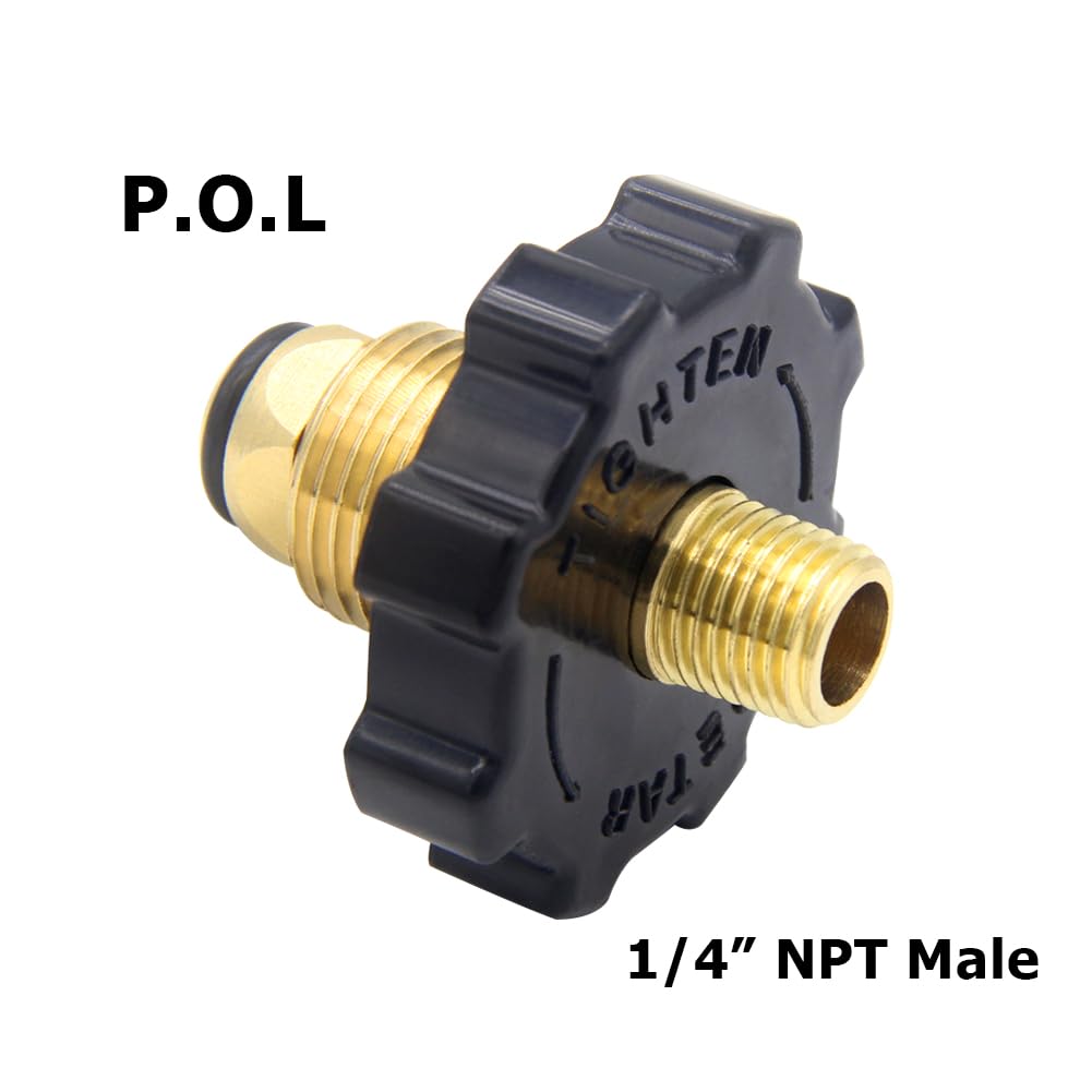 Hooshing adapter demonstrates 1/4 NPT to 3/8 flare fittings for versatile connections.