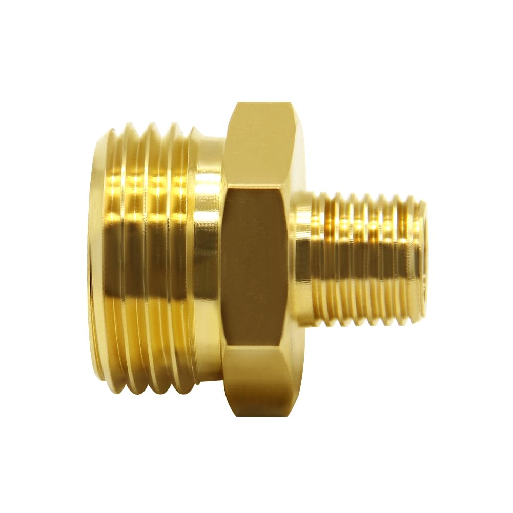 Hooshing brass adapter attached to garden faucet highlighting corrosion-resistant brass.