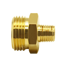 Hooshing brass adapter attached to garden faucet highlighting corrosion-resistant brass.