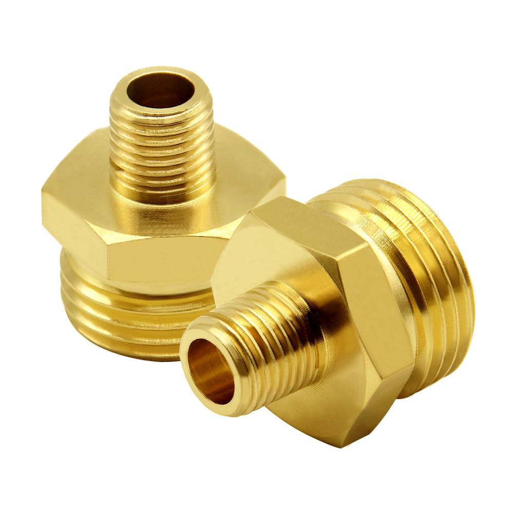 Hooshing brass adapter demonstrating 1/4-inch NPT to 3/4-inch GHT conversion.