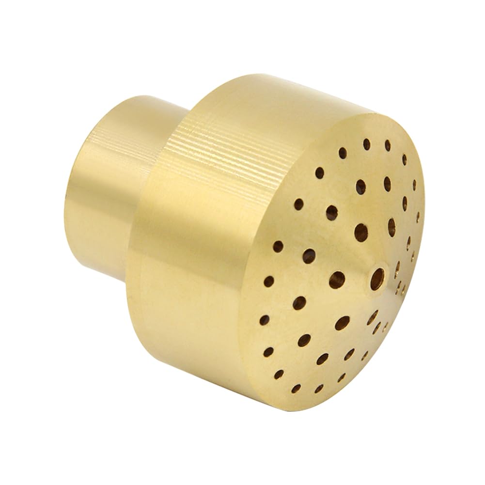 Hooshing brass fountain nozzle parabolic spray delivers wind-stable water arcs.