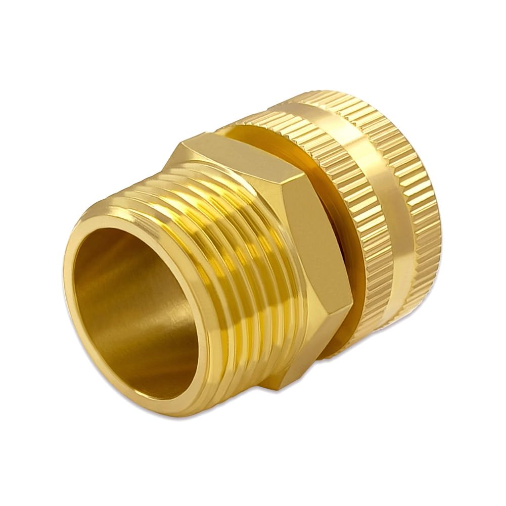 Hooshing brass hose adapter in use for garden spraying and cleaning tasks.