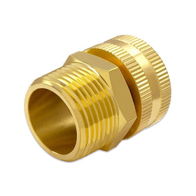 Hooshing brass hose adapter in use for garden spraying and cleaning tasks.