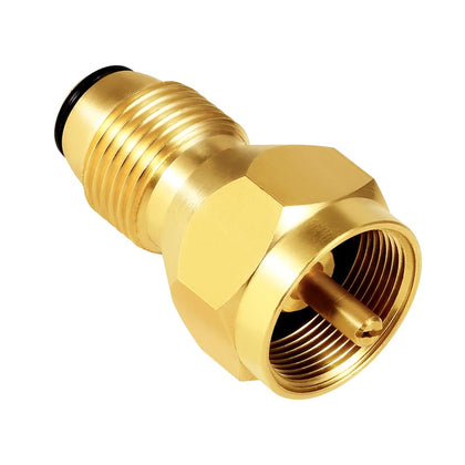Hooshing propane refill adapter connected to a 1 lb tank for secure outdoor fill.