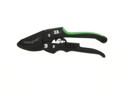 Hooyman ratchet pruner blade close-up showing SK5 steel edge for precise cuts.