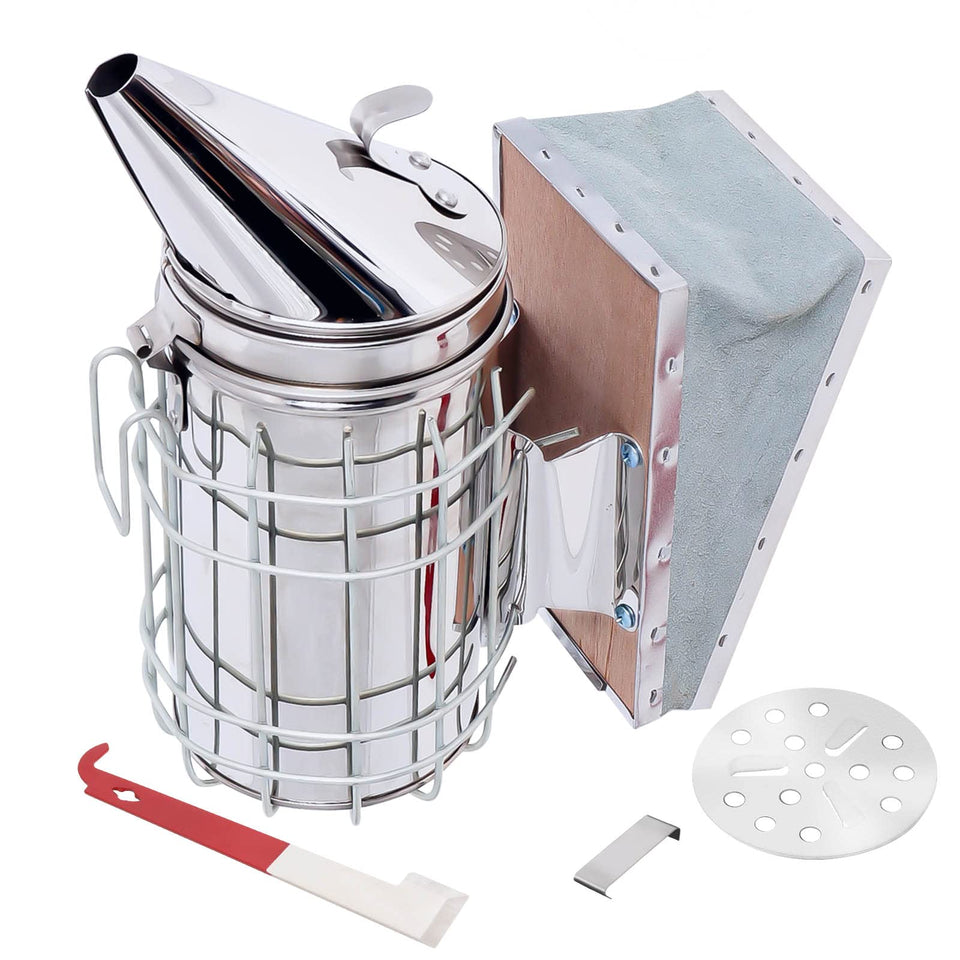 Hoqqf bee hive smoker stainless steel close-up with heat shield for safer bee handling.