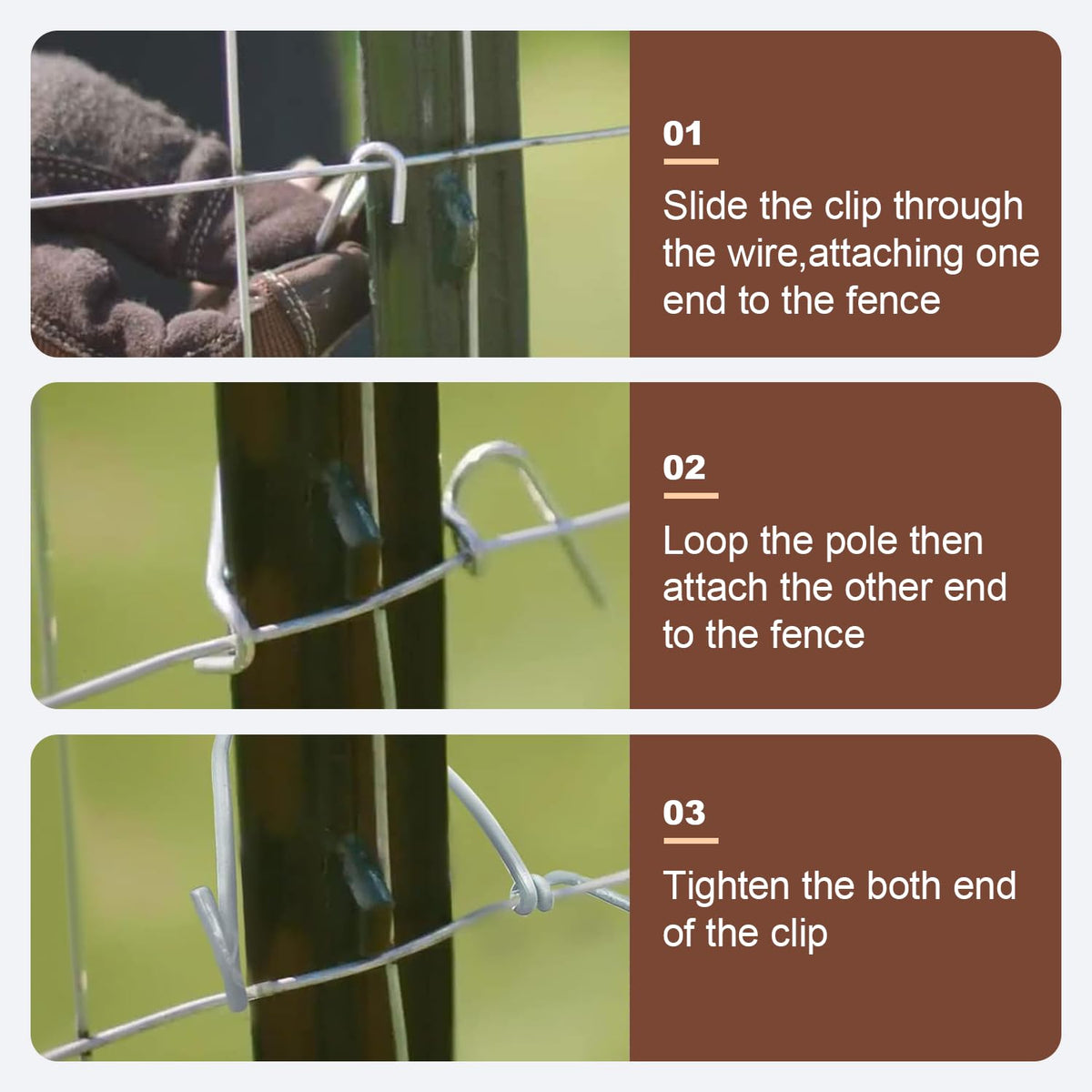 Hoqqf post clip in use, fast installation on U- or T-posts.