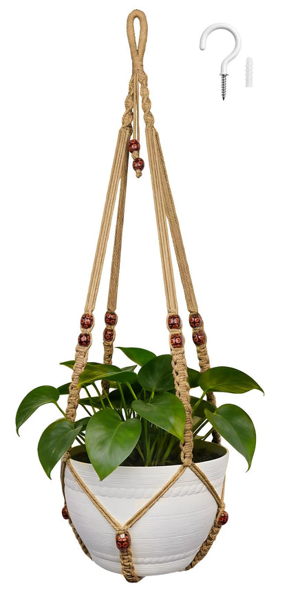 HOREAKHJ 35-inch macramé plant hanger with wood beads elevates Boho decor for indoor displays.
