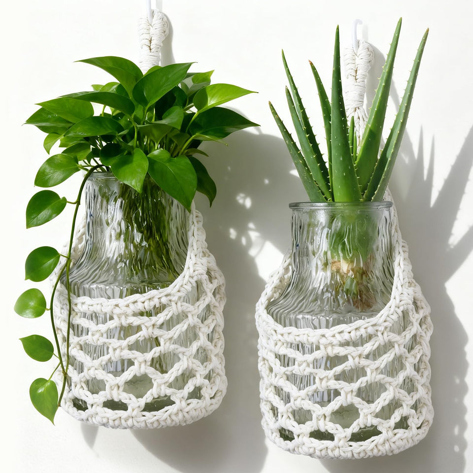 HOREAKHJ ivory macrame wall planter displaying a 6-inch pot for indoor decor.
