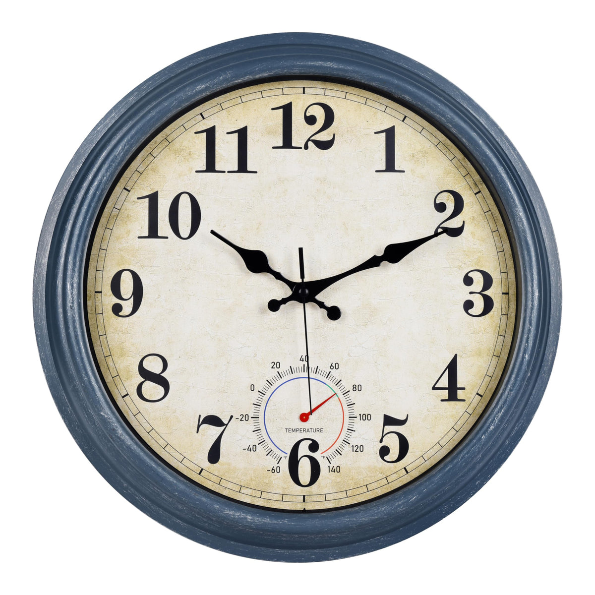 Horizent 16-inch blue coastal outdoor clock on a wall for weather-ready time checks