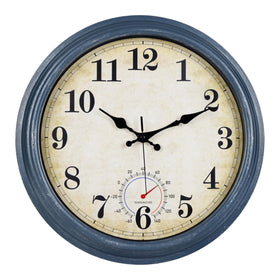 Horizent 16-inch blue coastal outdoor clock on a wall for weather-ready time checks