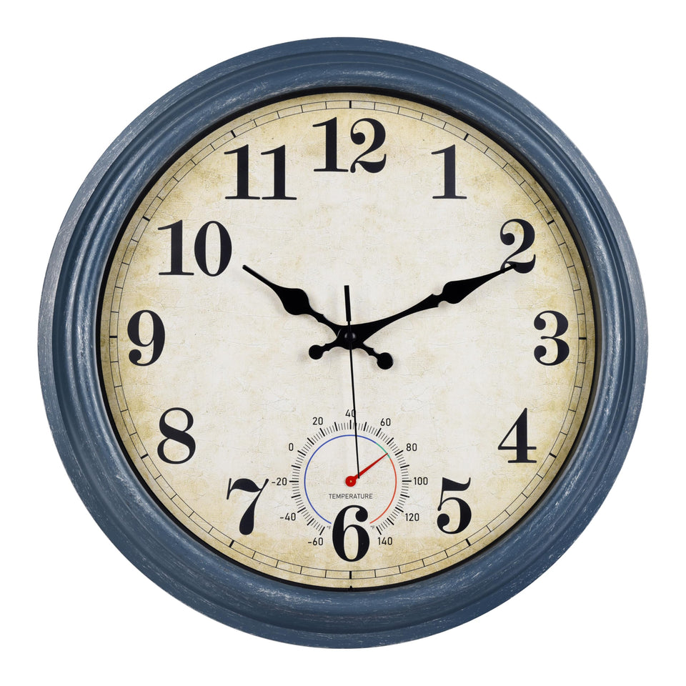 Horizent 16-inch blue coastal outdoor clock on a wall for weather-ready time checks
