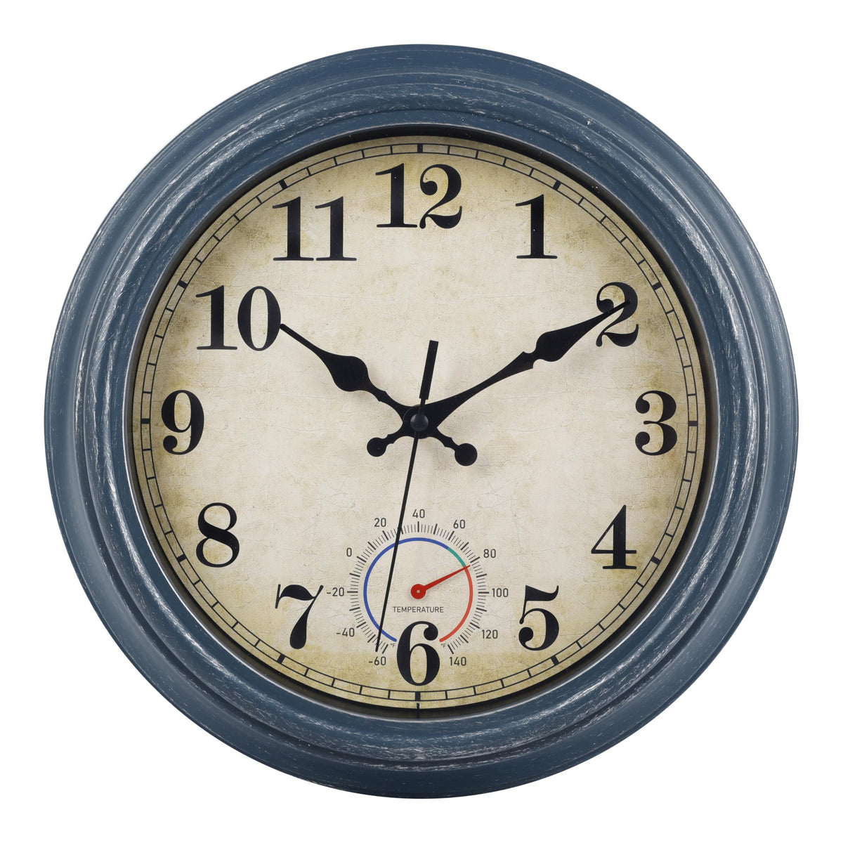 Horizent outdoor clock with waterproof thermometer in blue, for patio or garden use