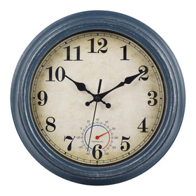 Horizent outdoor clock with waterproof thermometer in blue, for patio or garden use