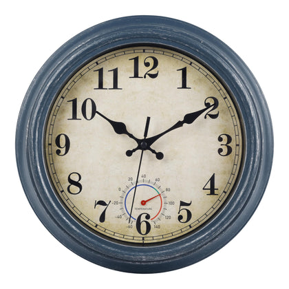 Horizent outdoor clock with waterproof thermometer in blue, for patio or garden use