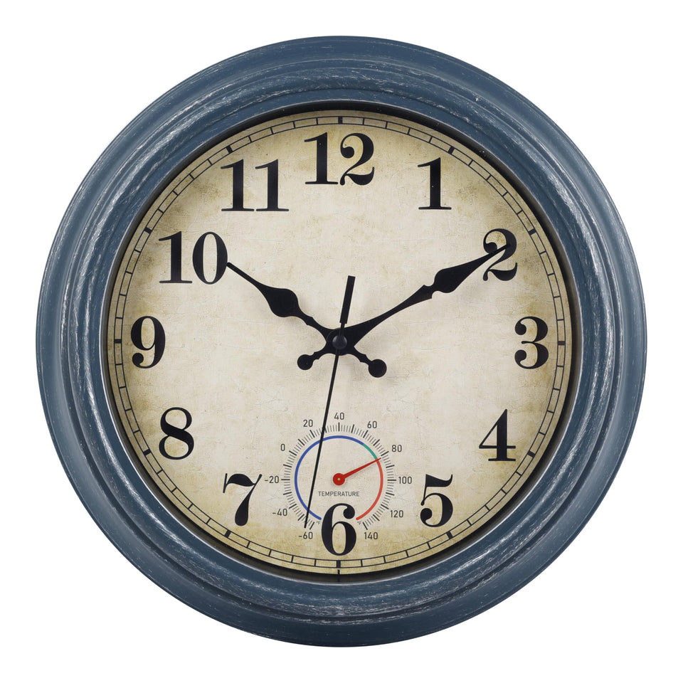 Horizent outdoor clock with waterproof thermometer in blue, for patio or garden use