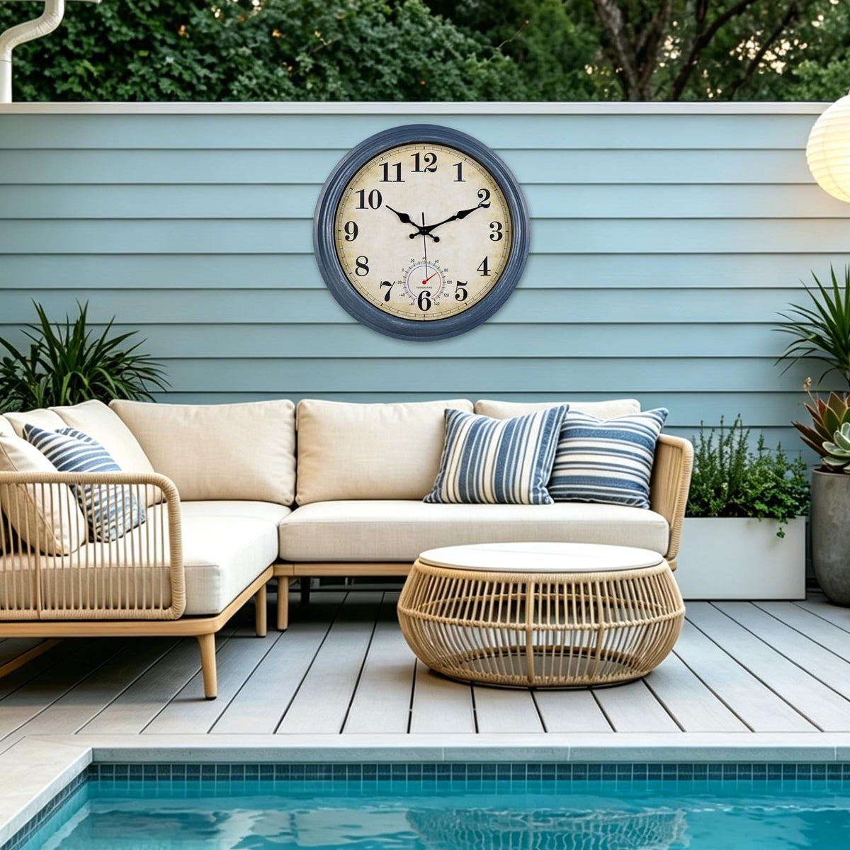 Horizent waterproof clock designed for patio and poolside spaces